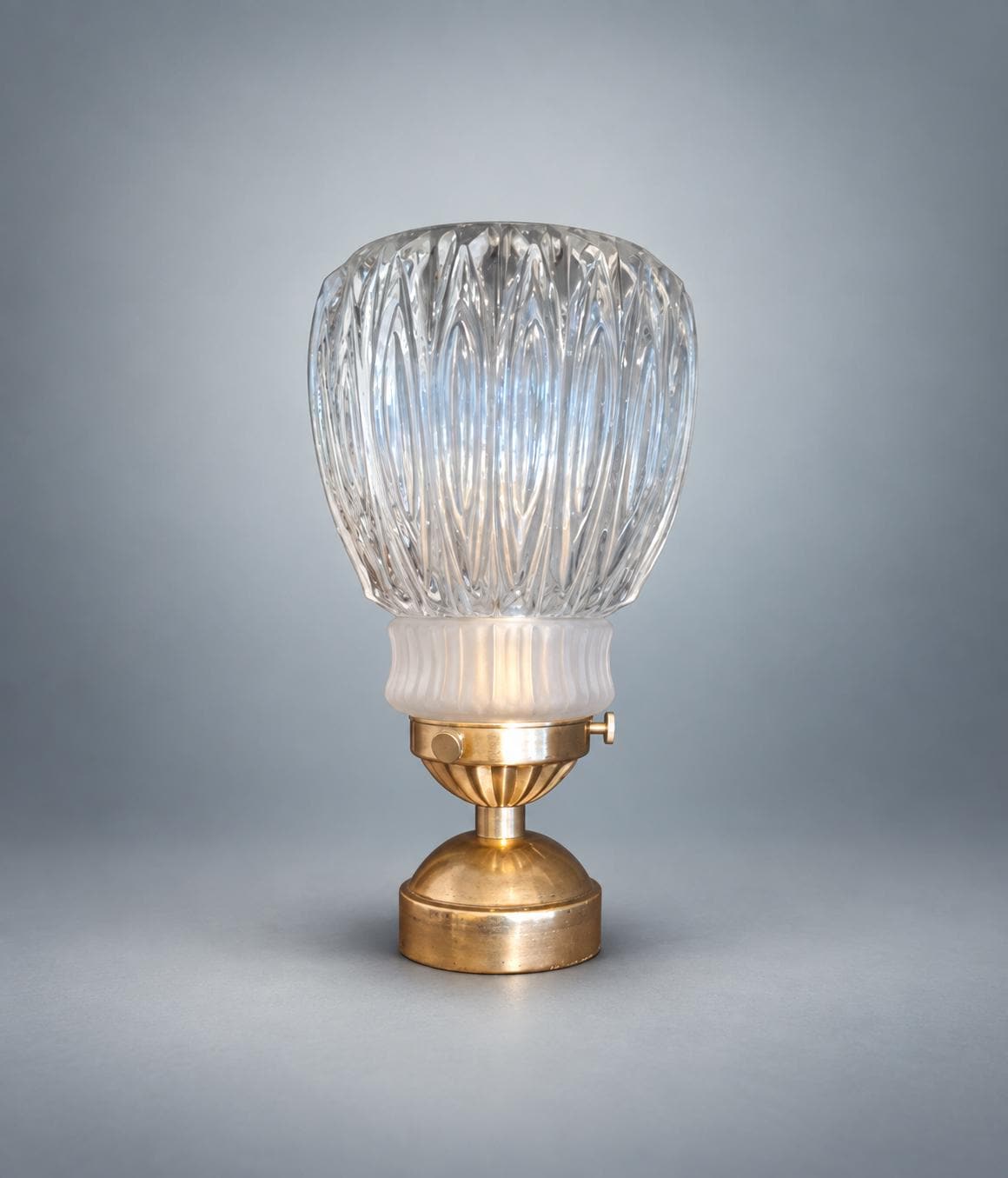 Vintage Brass Table Lamp, Ribbed Crystal Flower Shade — France, mid-20th Century