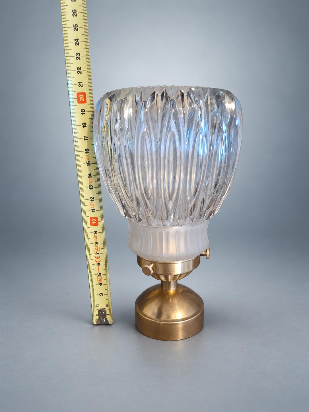 Vintage Brass Table Lamp, Ribbed Crystal Flower Shade — France, mid-20th Century