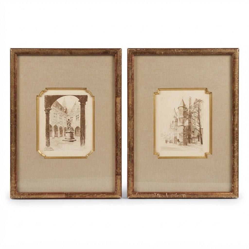 Pair of Framed Lille Prints After L. Robin, Gilt Frames with Fabric Mounts — France, 20th Century