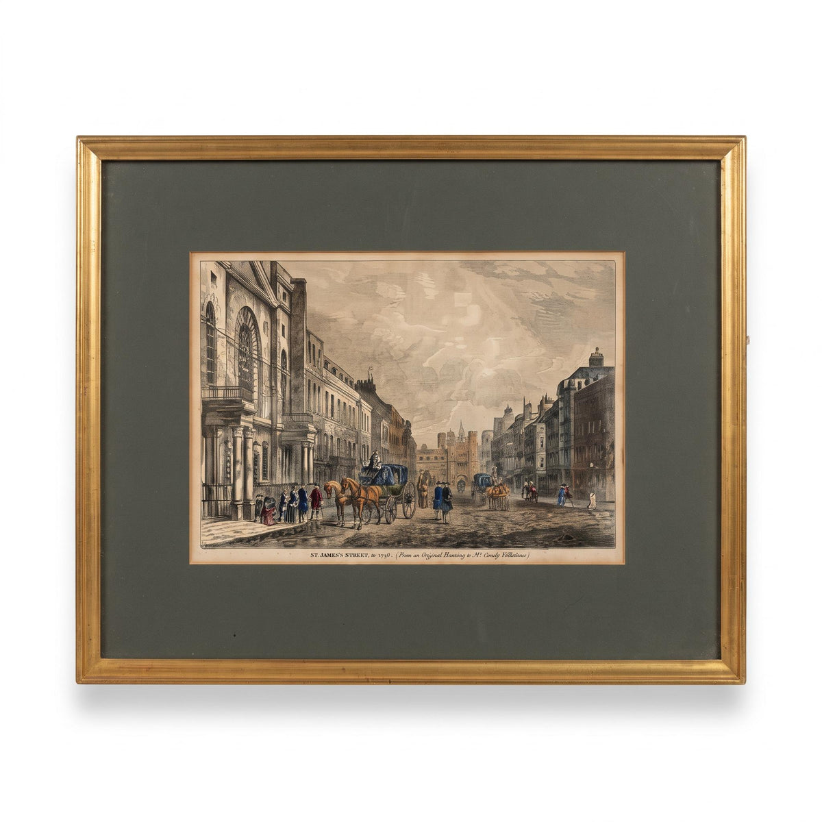 Antique Framed Engraving, St. James's Street London 1750, Hand-Coloured — England, 19th Century