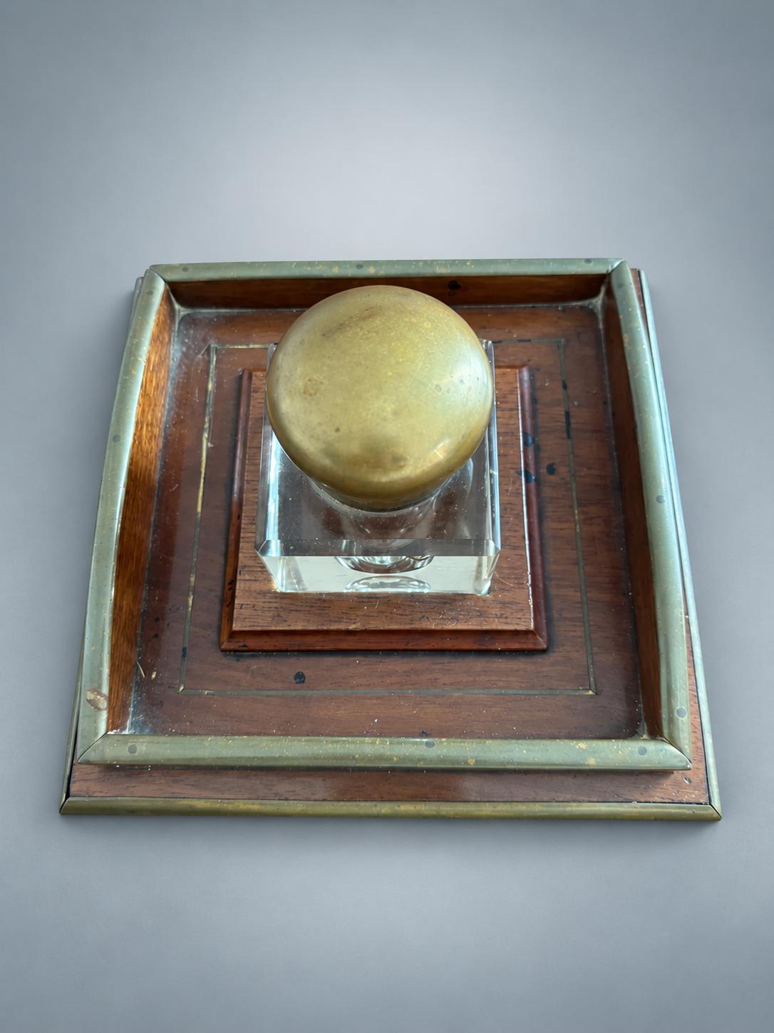 Antique Mahogany and Brass Desk Inkwell with Glass Pot — Europe, 19th Century