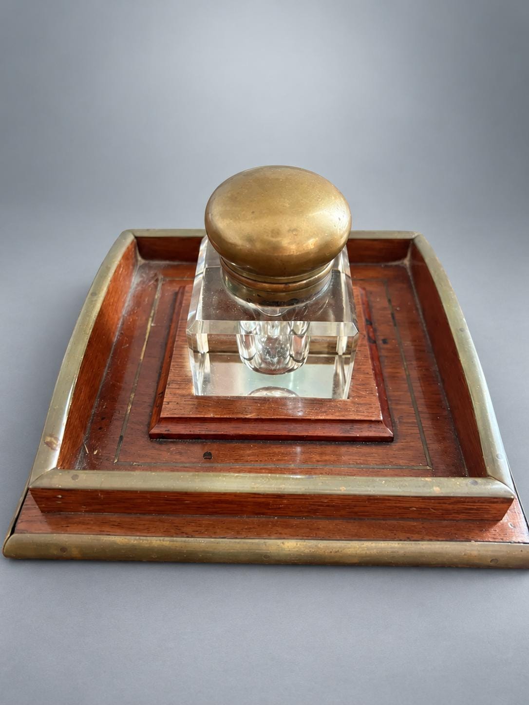 Antique Mahogany and Brass Desk Inkwell with Glass Pot — Europe, 19th Century