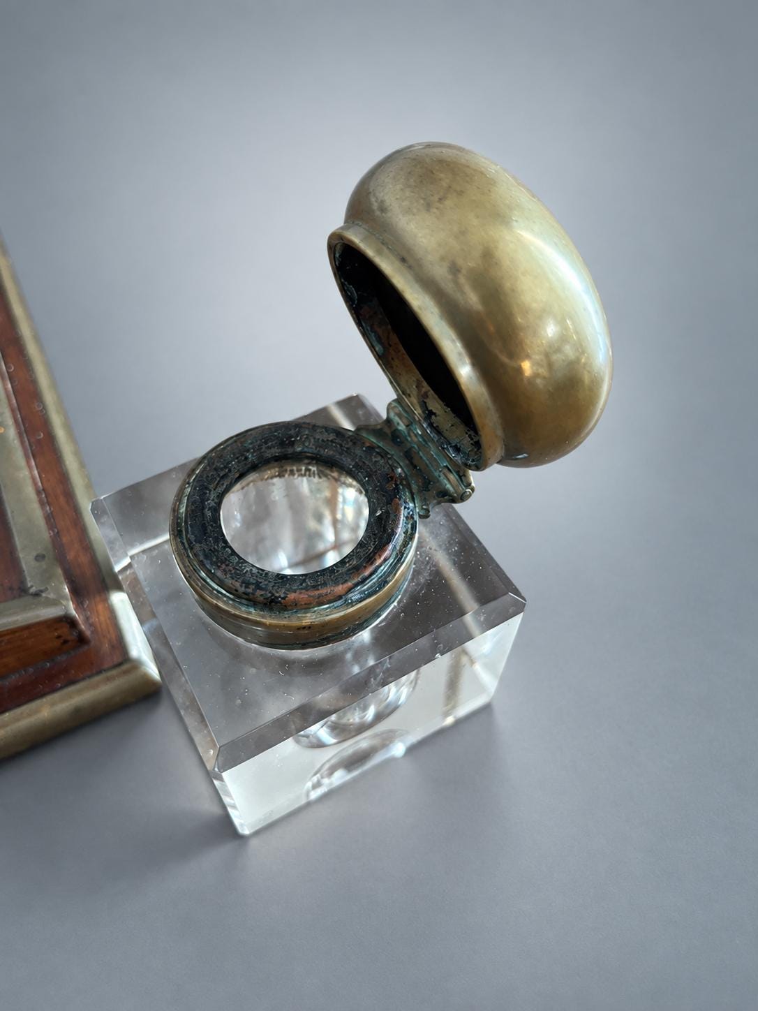 Antique Mahogany and Brass Desk Inkwell with Glass Pot — Europe, 19th Century