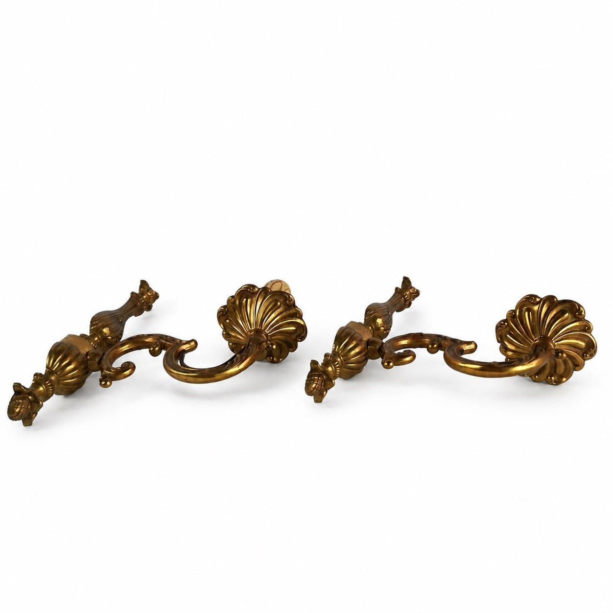 Louis XVI Style Wall Sconces Pair, Gilt Copper Single Arm Sconces with Pinecone Finials — French
