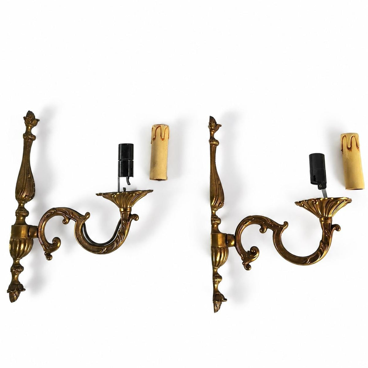 Louis XVI Style Wall Sconces Pair, Gilt Copper Single Arm Sconces with Pinecone Finials — French