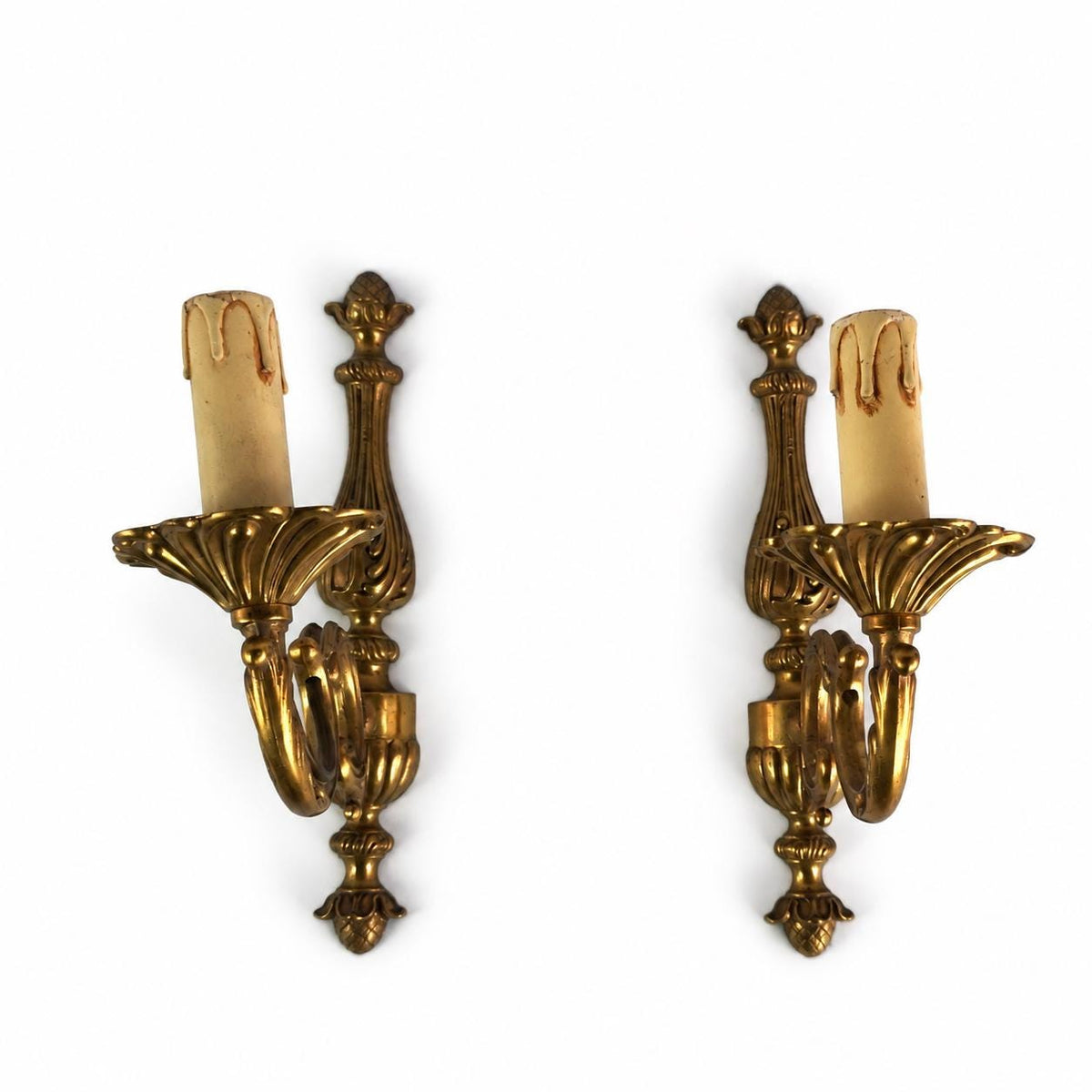 Louis XVI Style Wall Sconces Pair, Gilt Copper Single Arm Sconces with Pinecone Finials — French