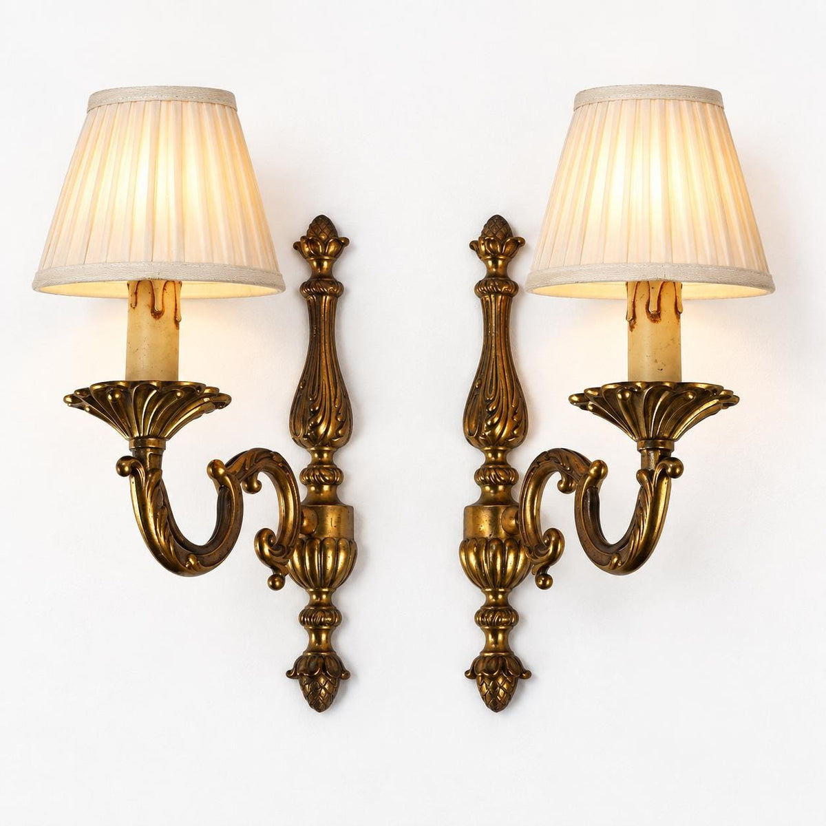 Louis XVI Style Wall Sconces Pair, Gilt Copper Single Arm Sconces with Pinecone Finials — French