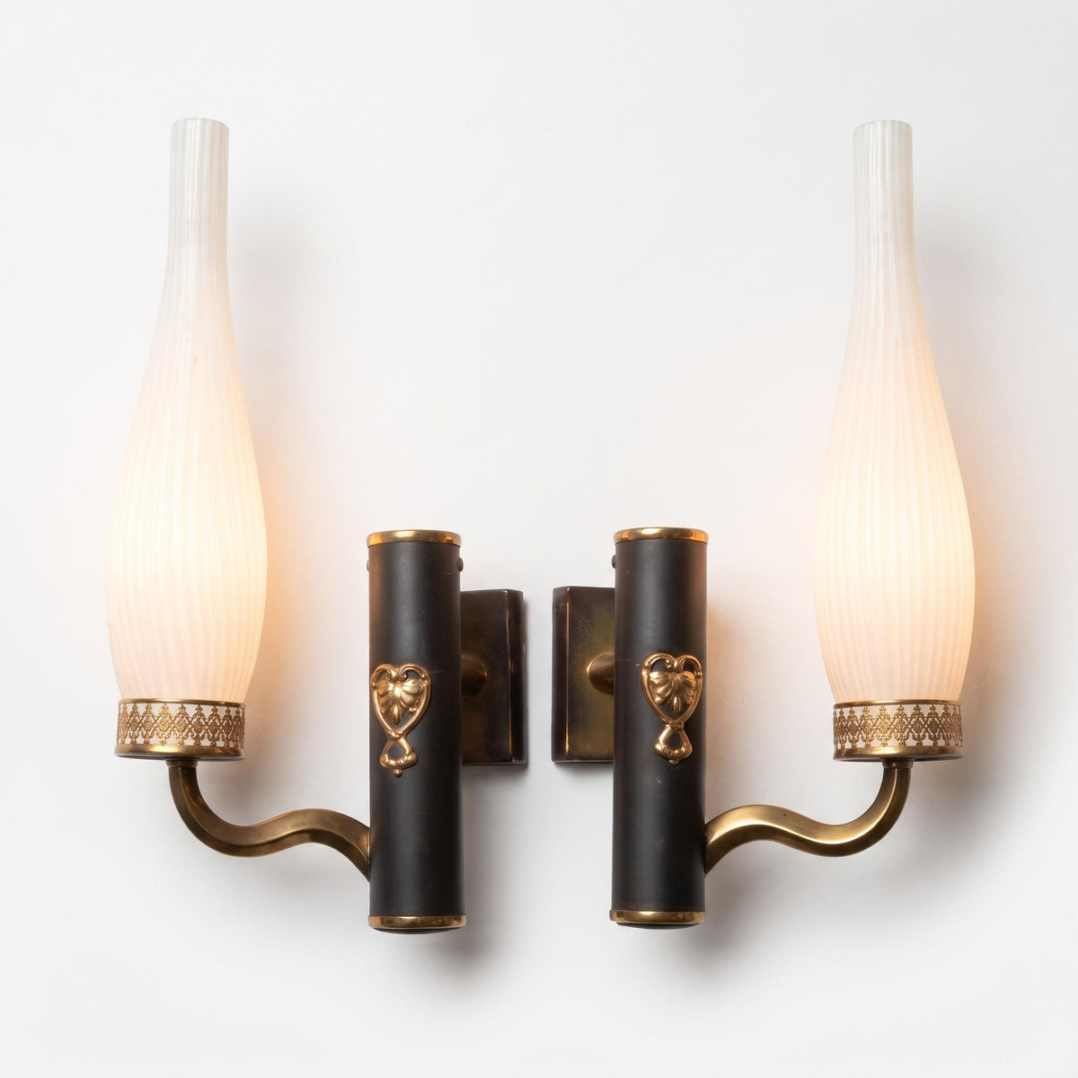 Mirrored Wall Sconces Pair, Black and Brass Sconces with Striped Frosted Glass Flames — French, 1950s–60s