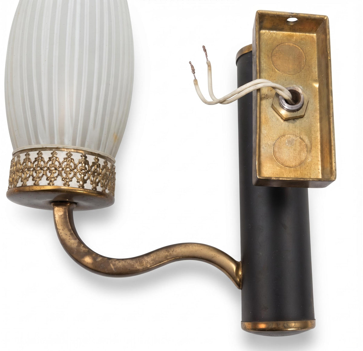 Mirrored Wall Sconces Pair, Black and Brass Sconces with Striped Frosted Glass Flames — French, 1950s–60s