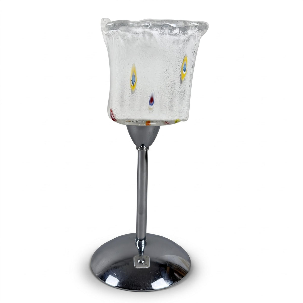 Murano Glass Table Lamp, Pulegoso Glass Shade with Millefiori on Chrome Stem — Italian, 1970s