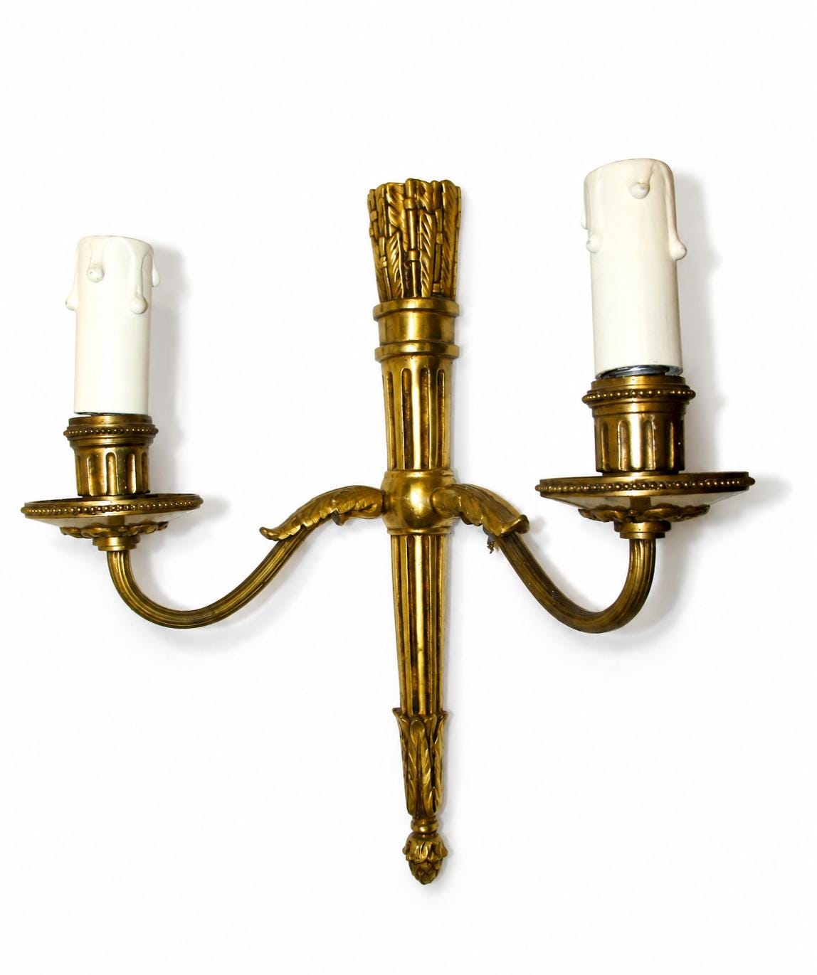 Louis XVI Style Wall Sconces Pair, Gilt Metal Quiver Sconces with Two Arms — French, 20th Century