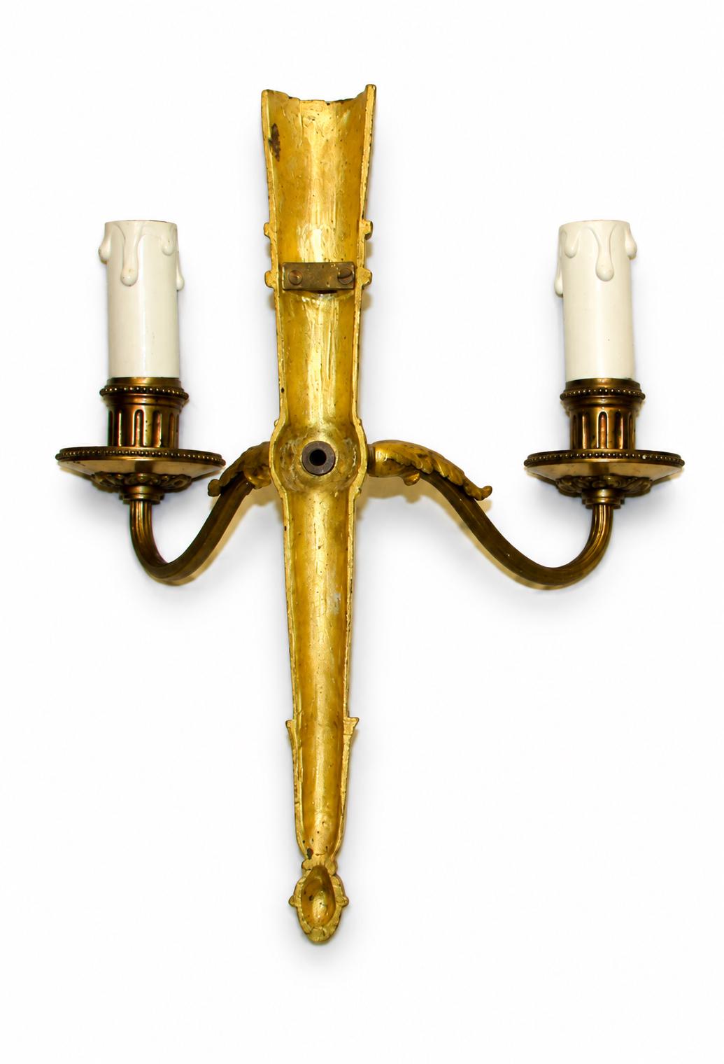 Louis XVI Style Wall Sconces Pair, Gilt Metal Quiver Sconces with Two Arms — French, 20th Century