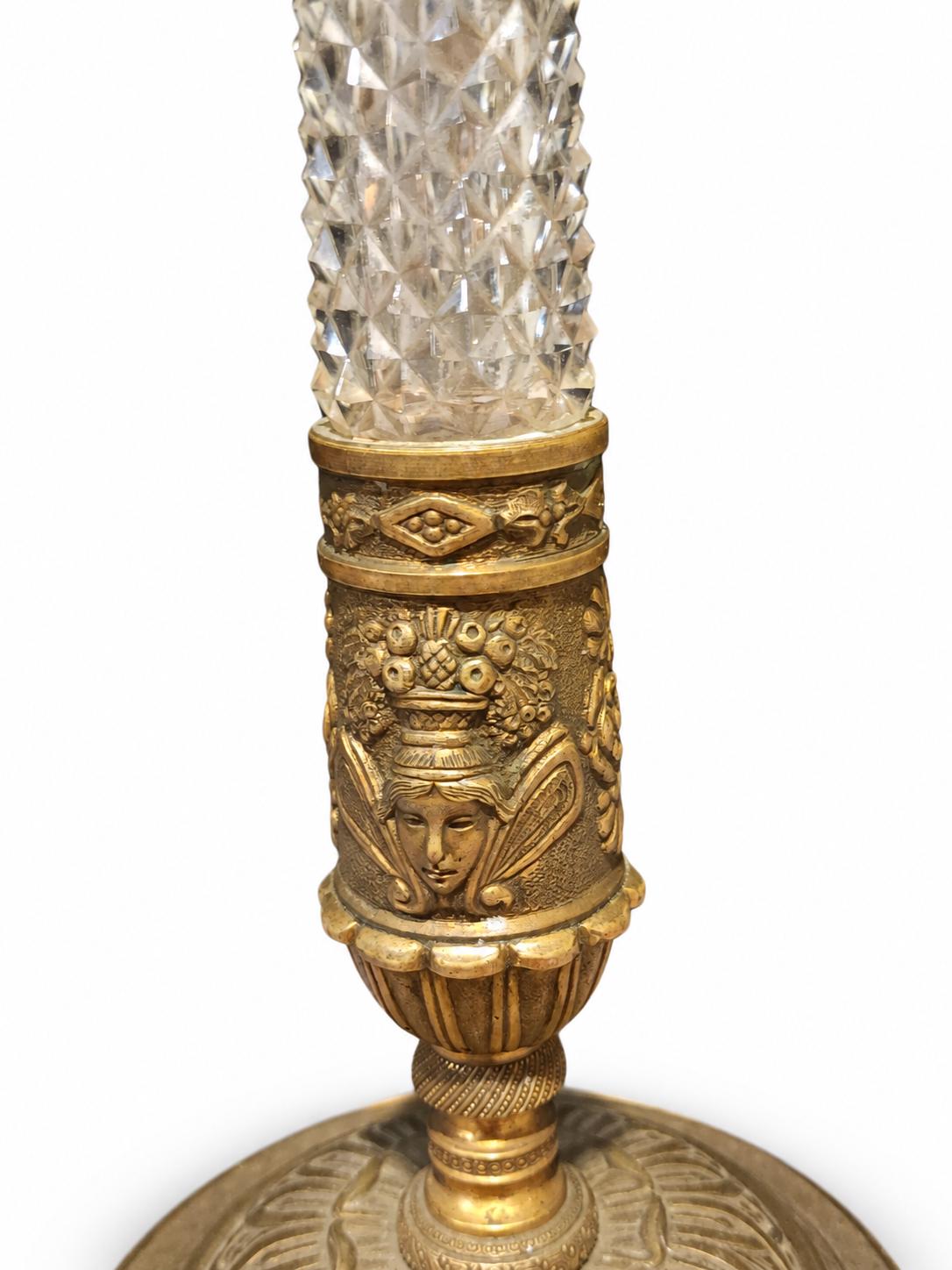 Empire Style Table Lamp, Gilt Metal and Cut Glass Column Lamp with Classical Faces on Marble — French Style