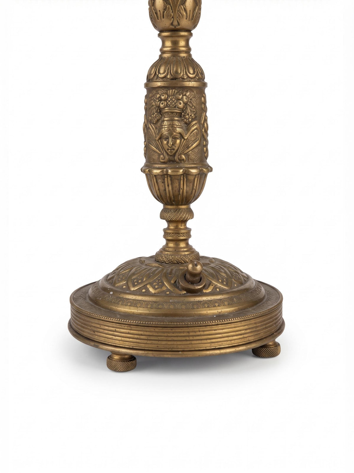Empire Style Table Lamp, Gilt Metal and Cut Glass Column Lamp with Classical Faces on Marble — French Style