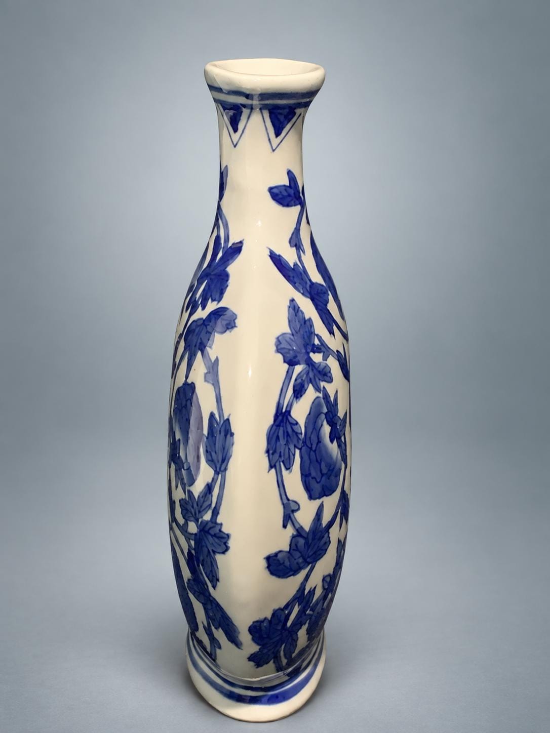 Blue and White Porcelain Vase, Peony Decoration, Marked Base — China, 20th Century
