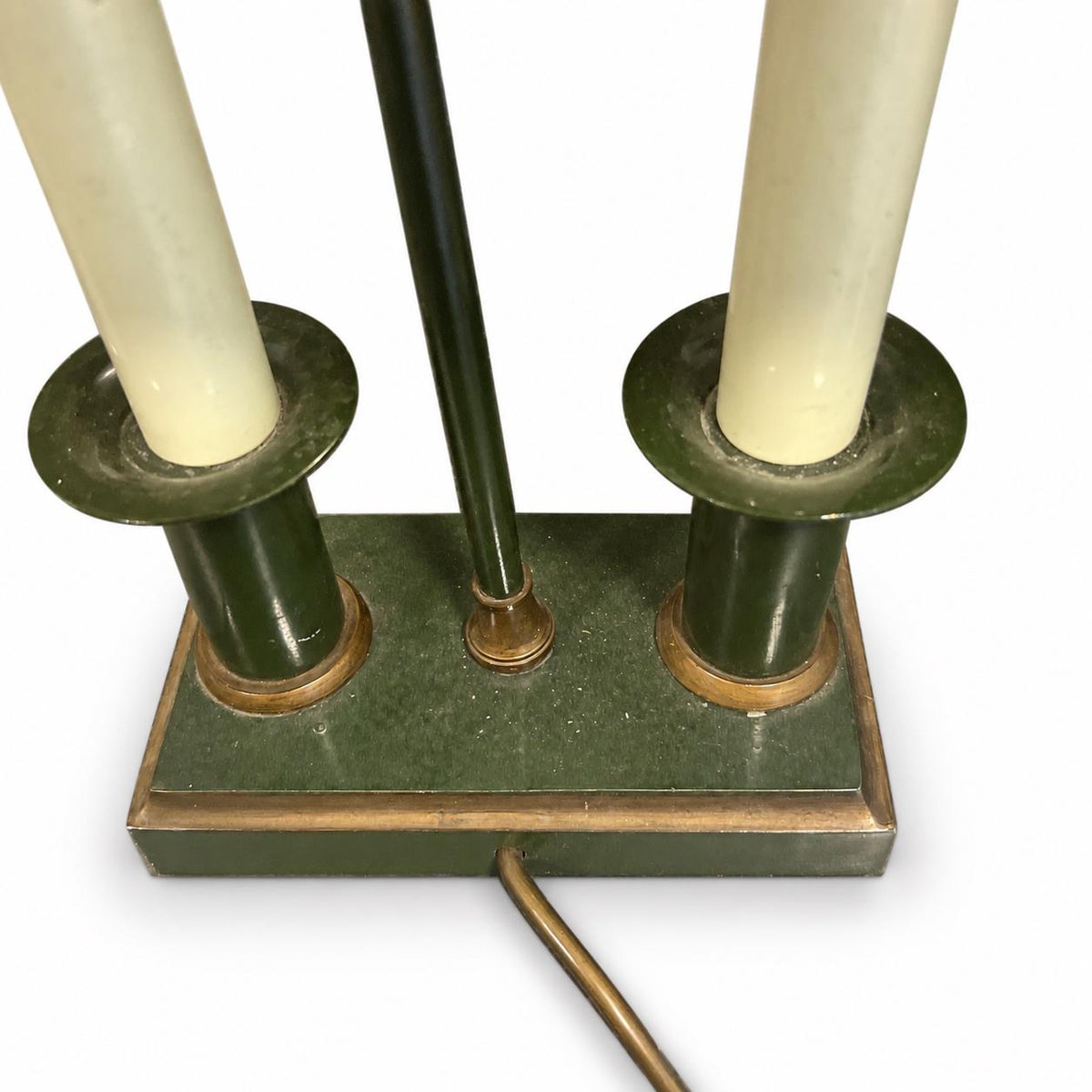 Empire Style Table Lamps Pair, Twin Light Green Tole Lamps with Painted Laurel Shades — French Style