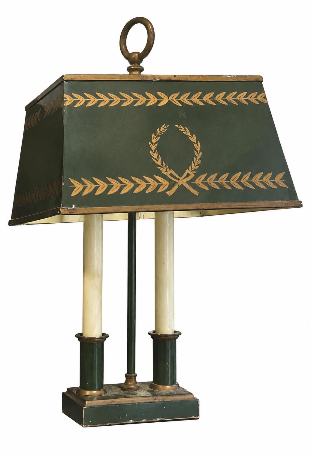 Empire Style Table Lamps Pair, Twin Light Green Tole Lamps with Painted Laurel Shades — French Style