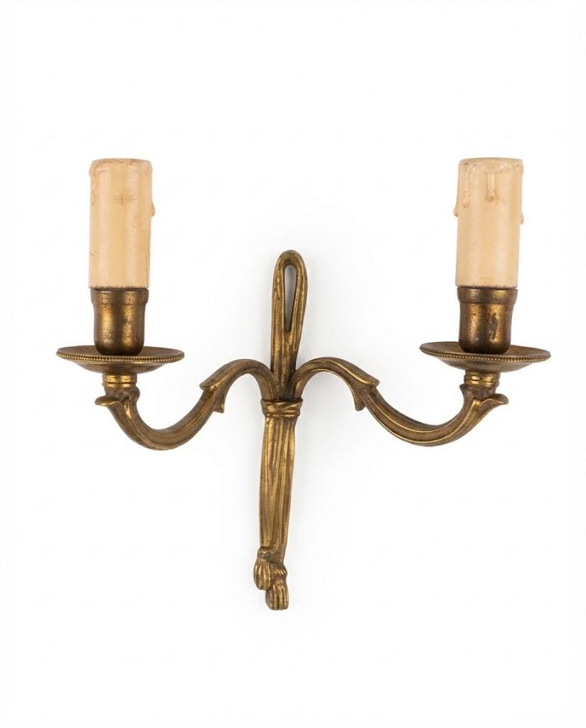 Louis XVI Style Ribbon Wall Sconces Pair, Gilt Metal Two Arm Sconces with Tassels — French