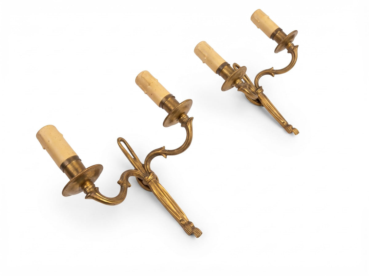 Louis XVI Style Ribbon Wall Sconces Pair, Gilt Metal Two Arm Sconces with Tassels — French