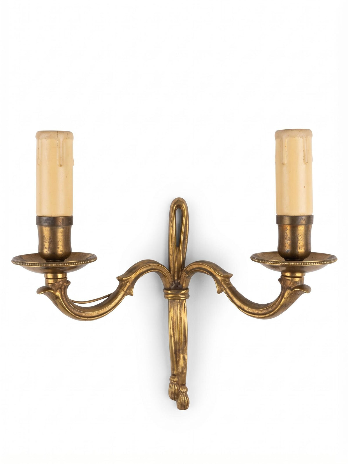 Louis XVI Style Ribbon Wall Sconces Pair, Gilt Metal Two Arm Sconces with Tassels — French