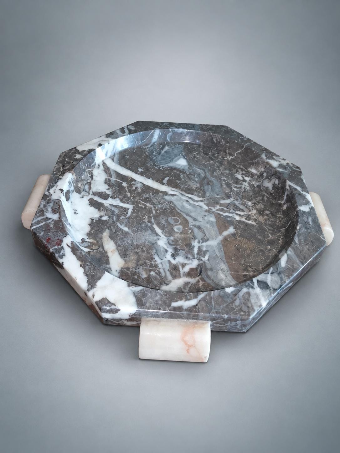Art Deco Marble Bowl on Four Marble Feet, Grey and Cream — Europe, Vintage