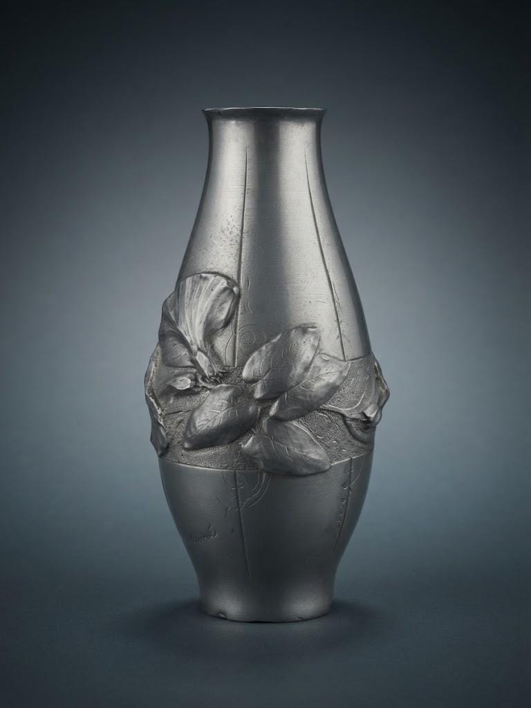 Antique Fine Pewter Vase, Signed Ermenault, Art Nouveau Leaf Relief — France, Early 20th Century