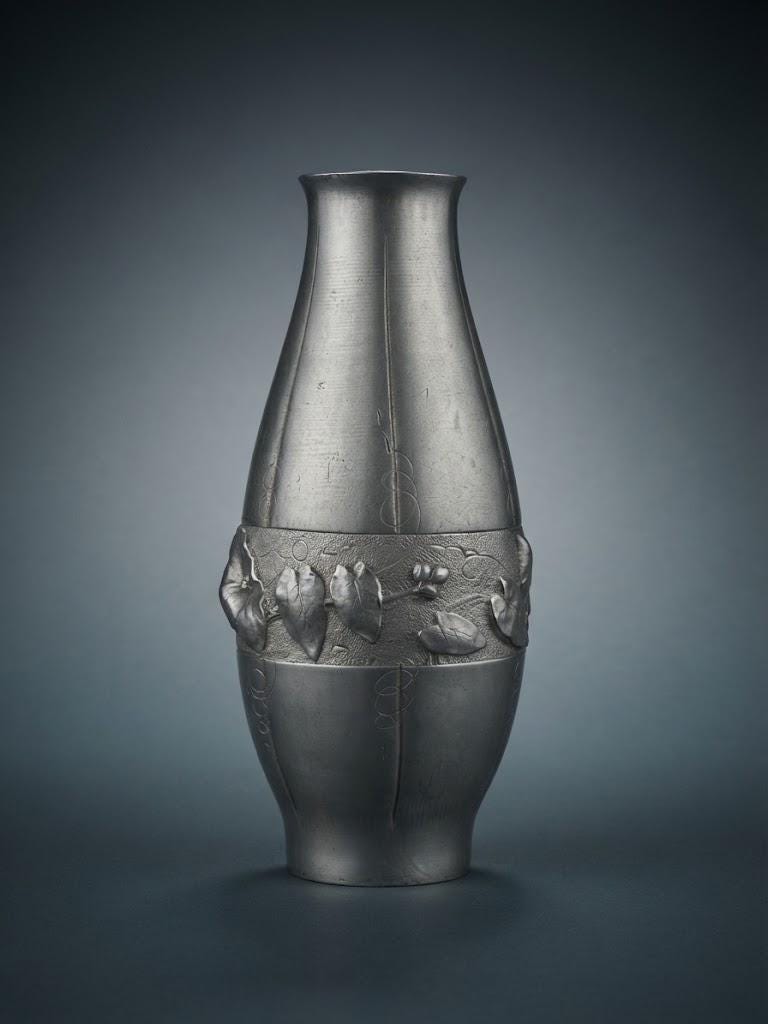Antique Fine Pewter Vase, Signed Ermenault, Art Nouveau Leaf Relief — France, Early 20th Century