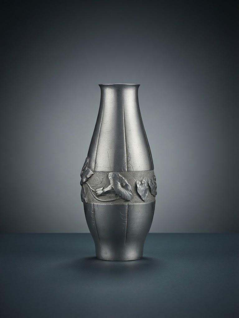 Antique Fine Pewter Vase, Signed Ermenault, Art Nouveau Leaf Relief — France, Early 20th Century