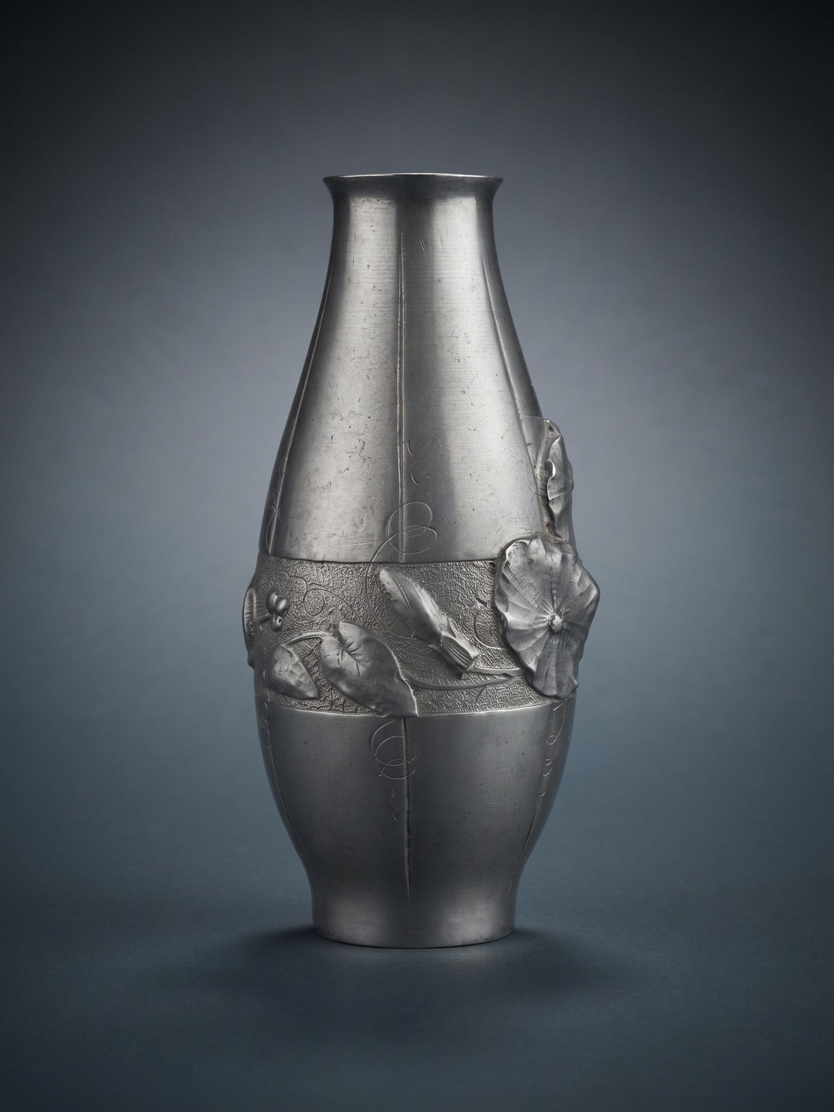 Antique Fine Pewter Vase, Signed Ermenault, Art Nouveau Leaf Relief — France, Early 20th Century