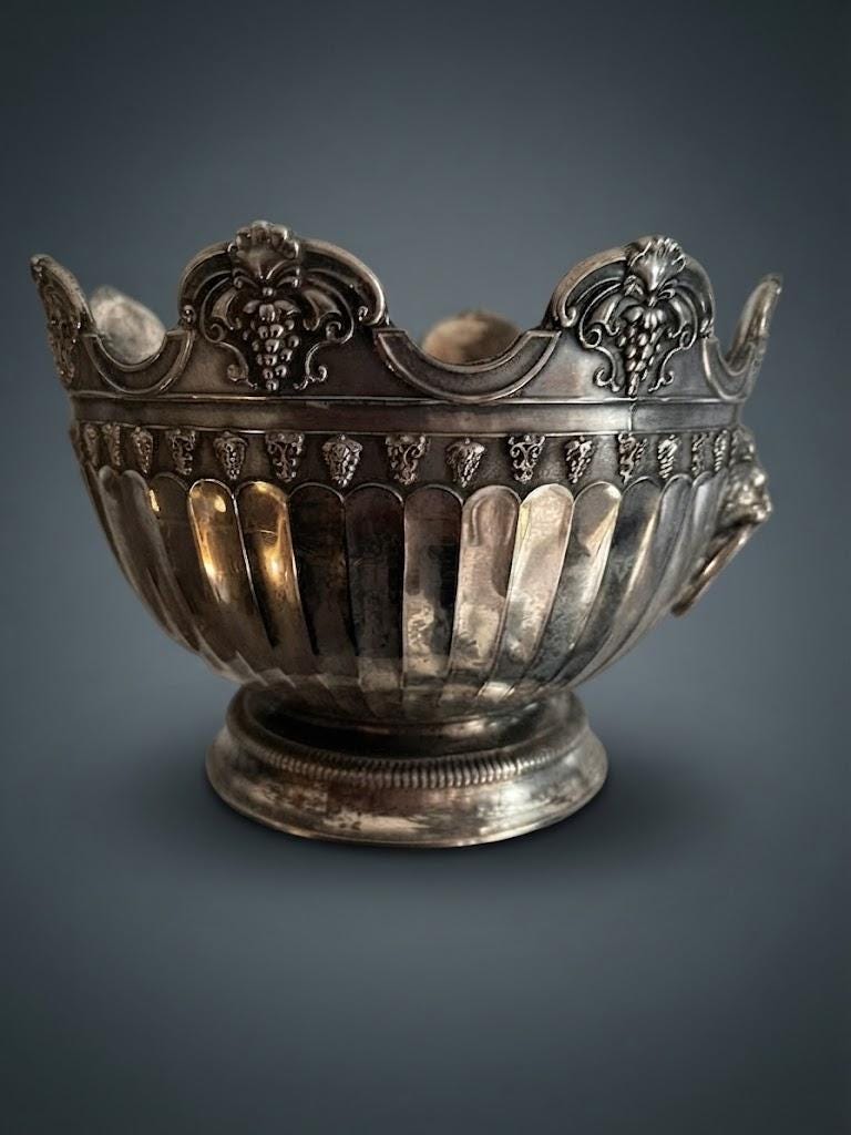 Antique Silver-Plated Bowl, Empire Style Lion Head Handles and Grapes — Europe, 19th Century