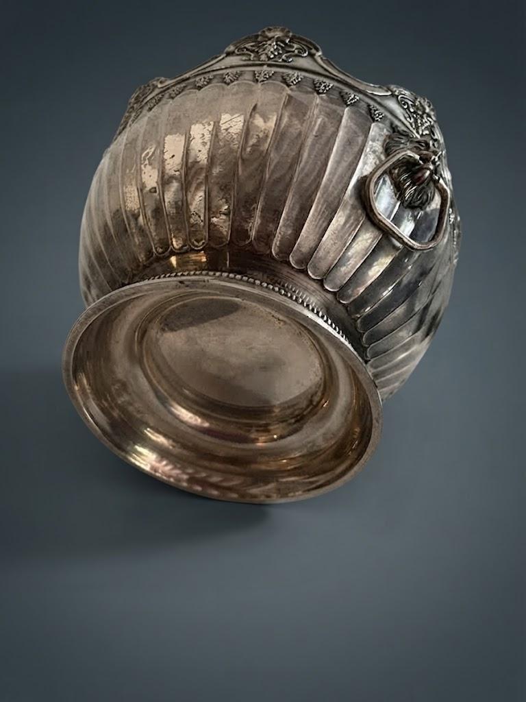 Antique Silver-Plated Bowl, Empire Style Lion Head Handles and Grapes — Europe, 19th Century