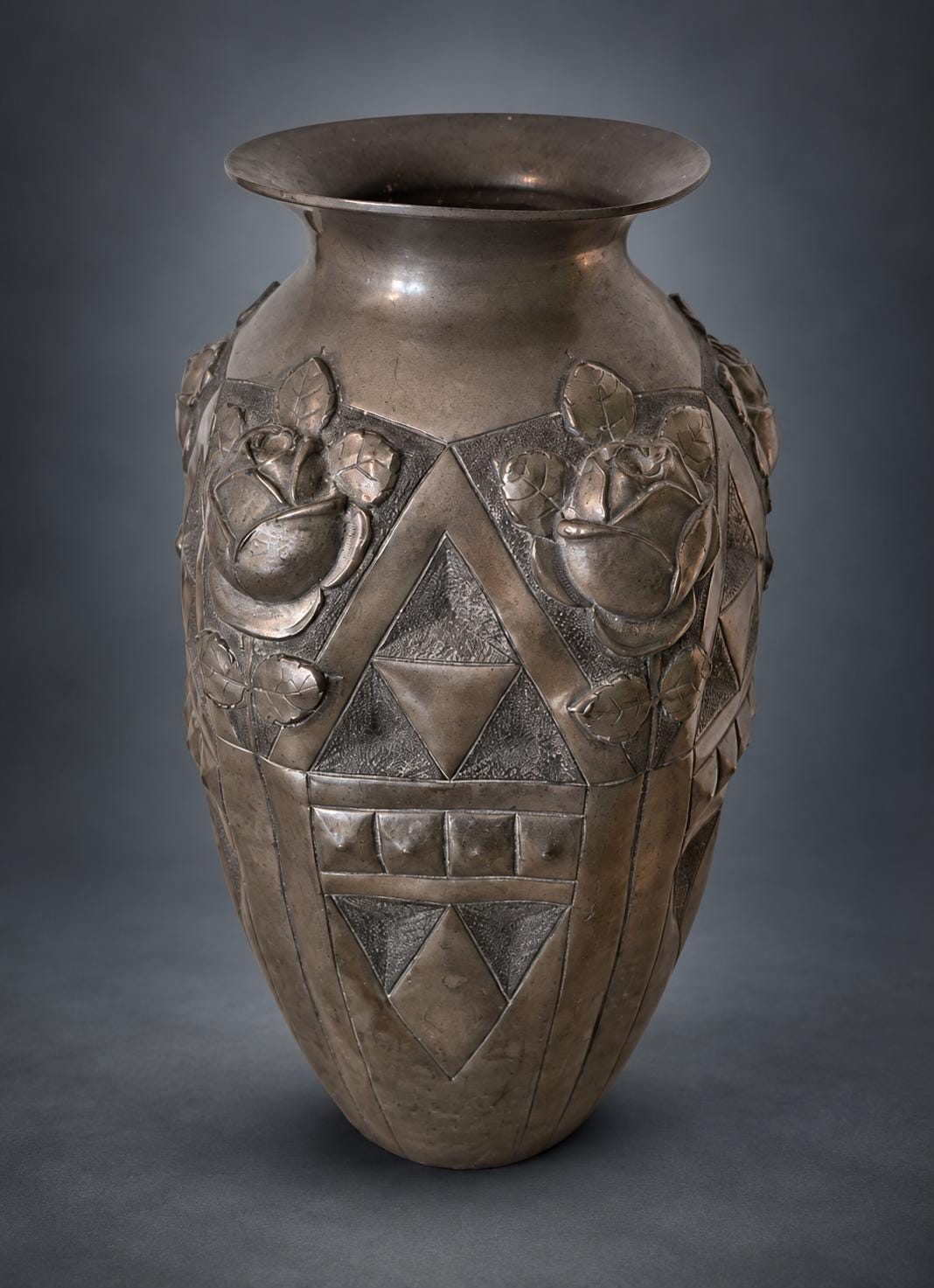 Antique French Art Deco Pewter Vase, Rose Relief, Noël Collet CID — France, 1920s-1930s