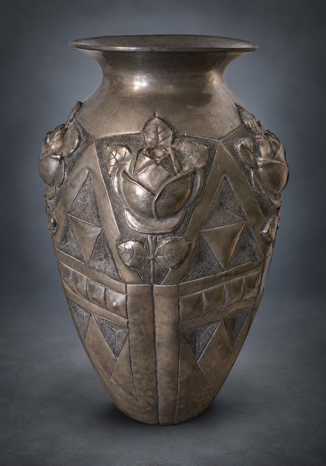 Antique French Art Deco Pewter Vase, Rose Relief, Noël Collet CID — France, 1920s-1930s