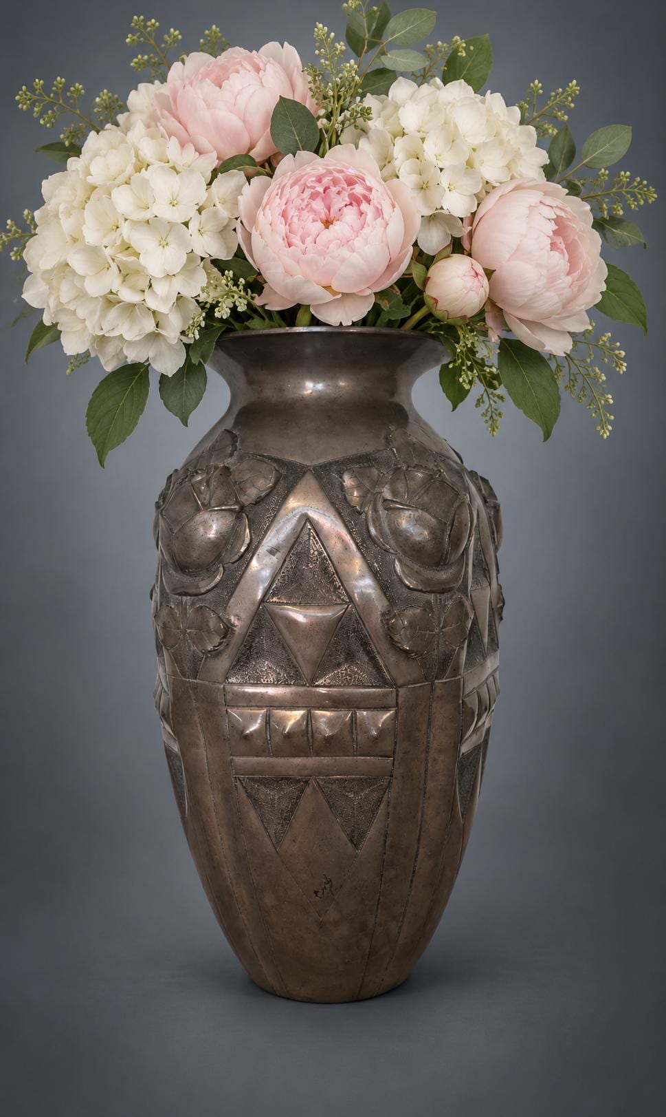 Antique French Art Deco Pewter Vase, Rose Relief, Noël Collet CID — France, 1920s-1930s