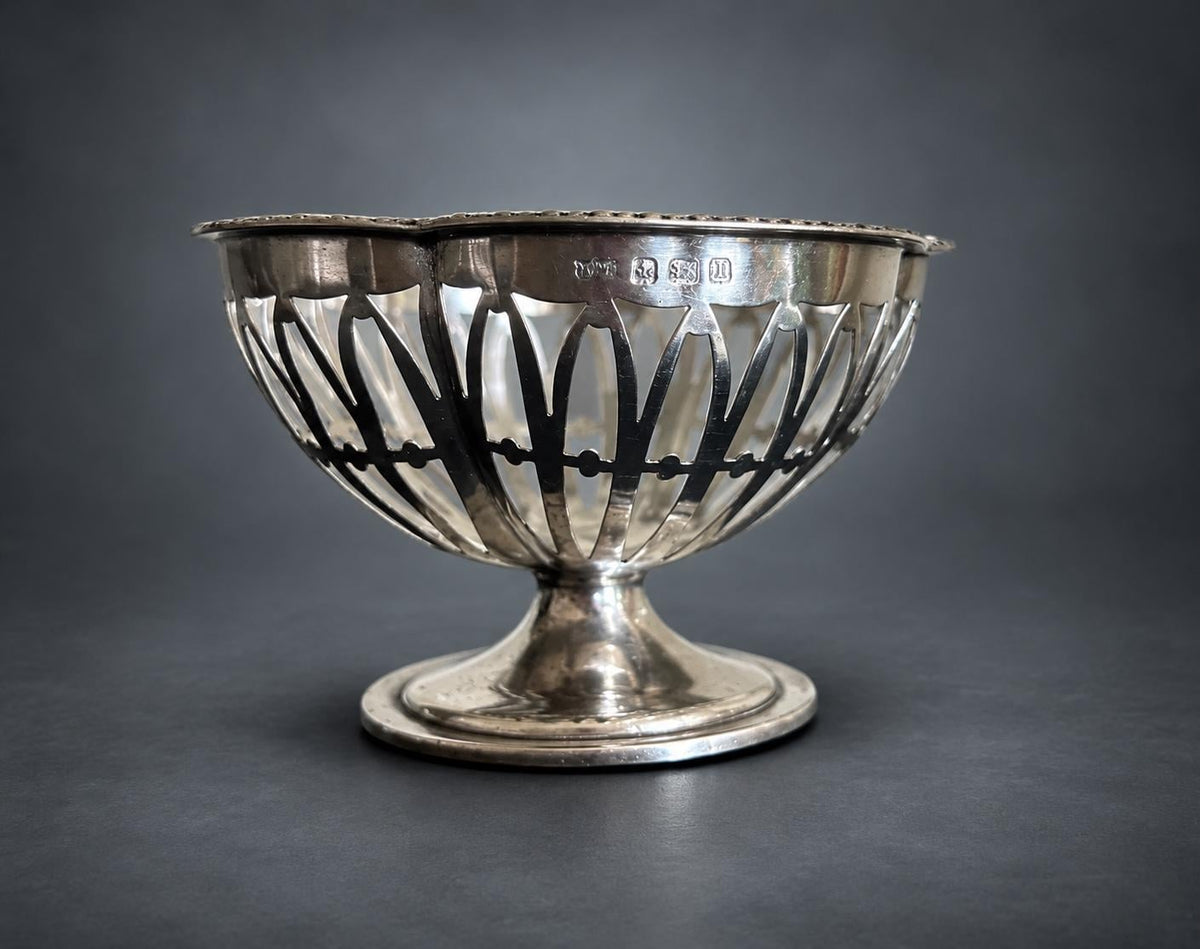 Antique Silver Pierced Pedestal Bowl, Openwork Ribbed Design — Europe, Hallmarked