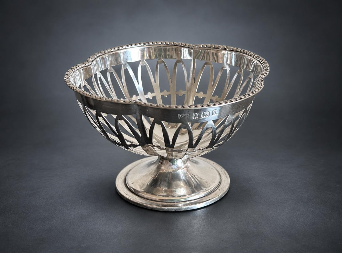 Antique Silver Pierced Pedestal Bowl, Openwork Ribbed Design — Europe, Hallmarked