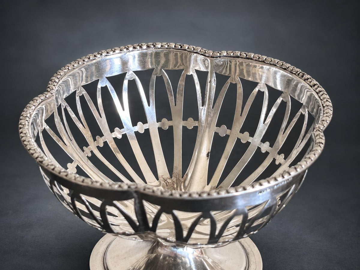Antique Silver Pierced Pedestal Bowl, Openwork Ribbed Design — Europe, Hallmarked