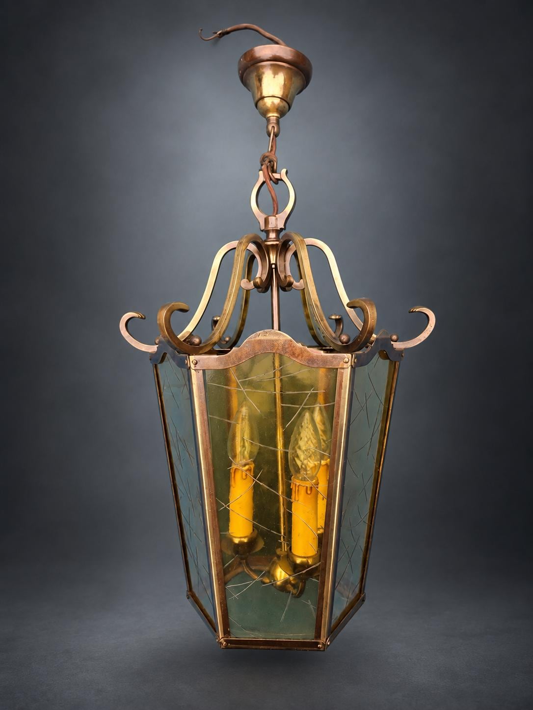 Antique French Bronze and Brass Hexagonal Hall Lantern, Glazed Ceiling Light — France, Early 20th Century