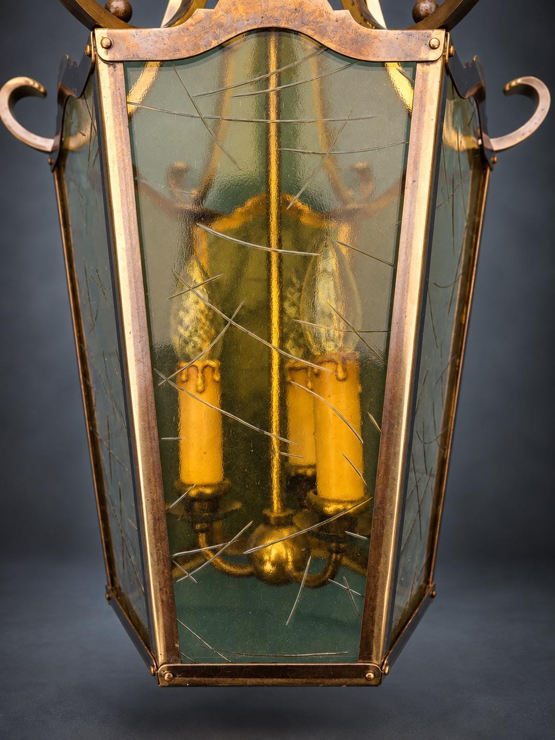 Antique French Bronze and Brass Hexagonal Hall Lantern, Glazed Ceiling Light — France, Early 20th Century