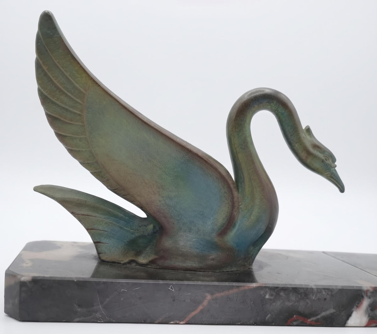 Antique French Art Deco Swan Bookends, circa 1930 — Pair of Patinated Metal Swans on Marble Bases, Stamped Made in France