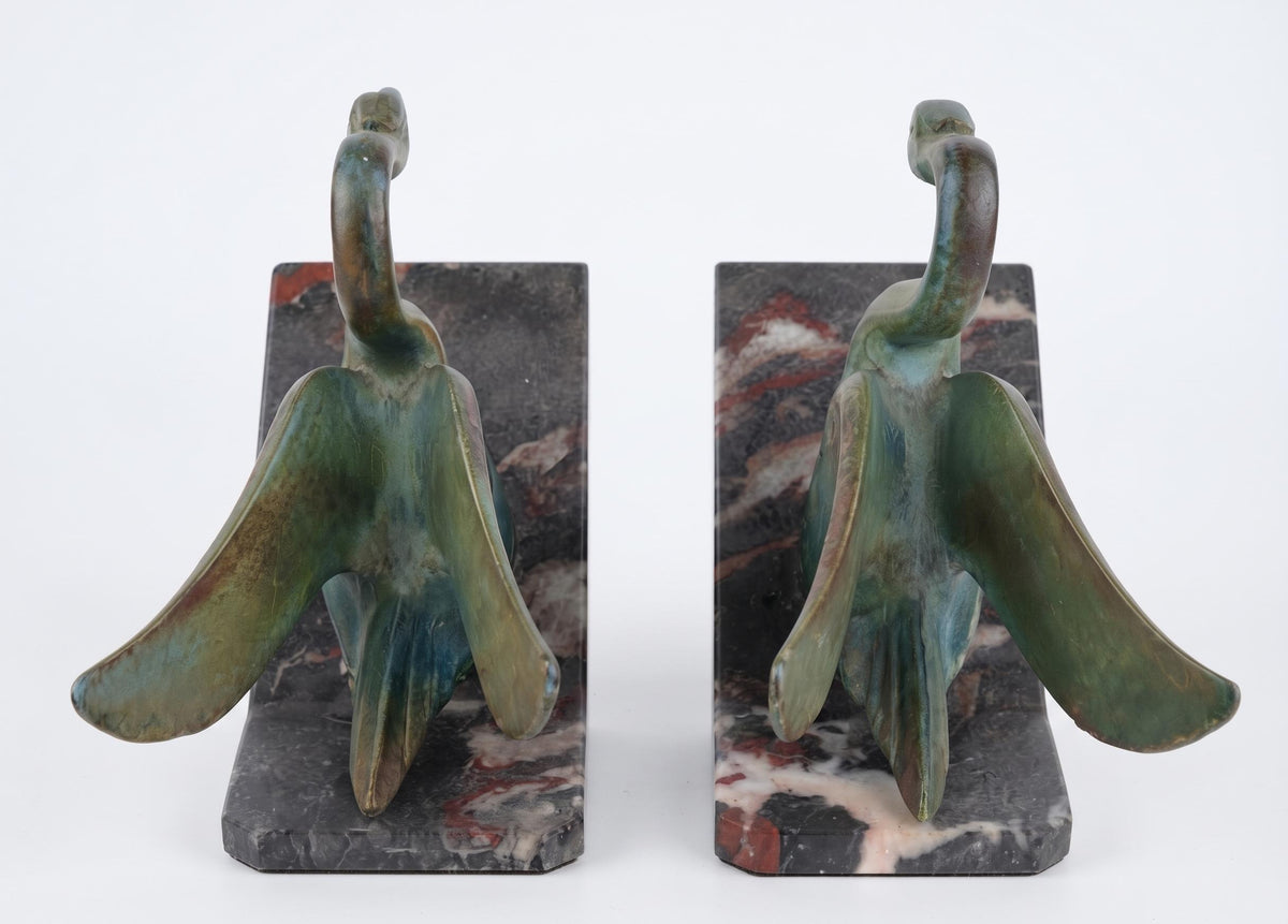 Antique French Art Deco Swan Bookends, circa 1930 — Pair of Patinated Metal Swans on Marble Bases, Stamped Made in France