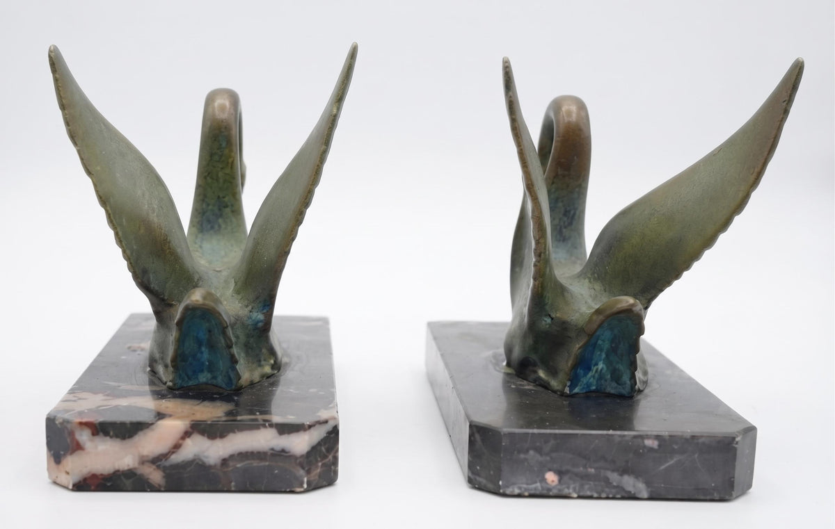 Antique French Art Deco Swan Bookends, circa 1930 — Pair of Patinated Metal Swans on Marble Bases, Stamped Made in France