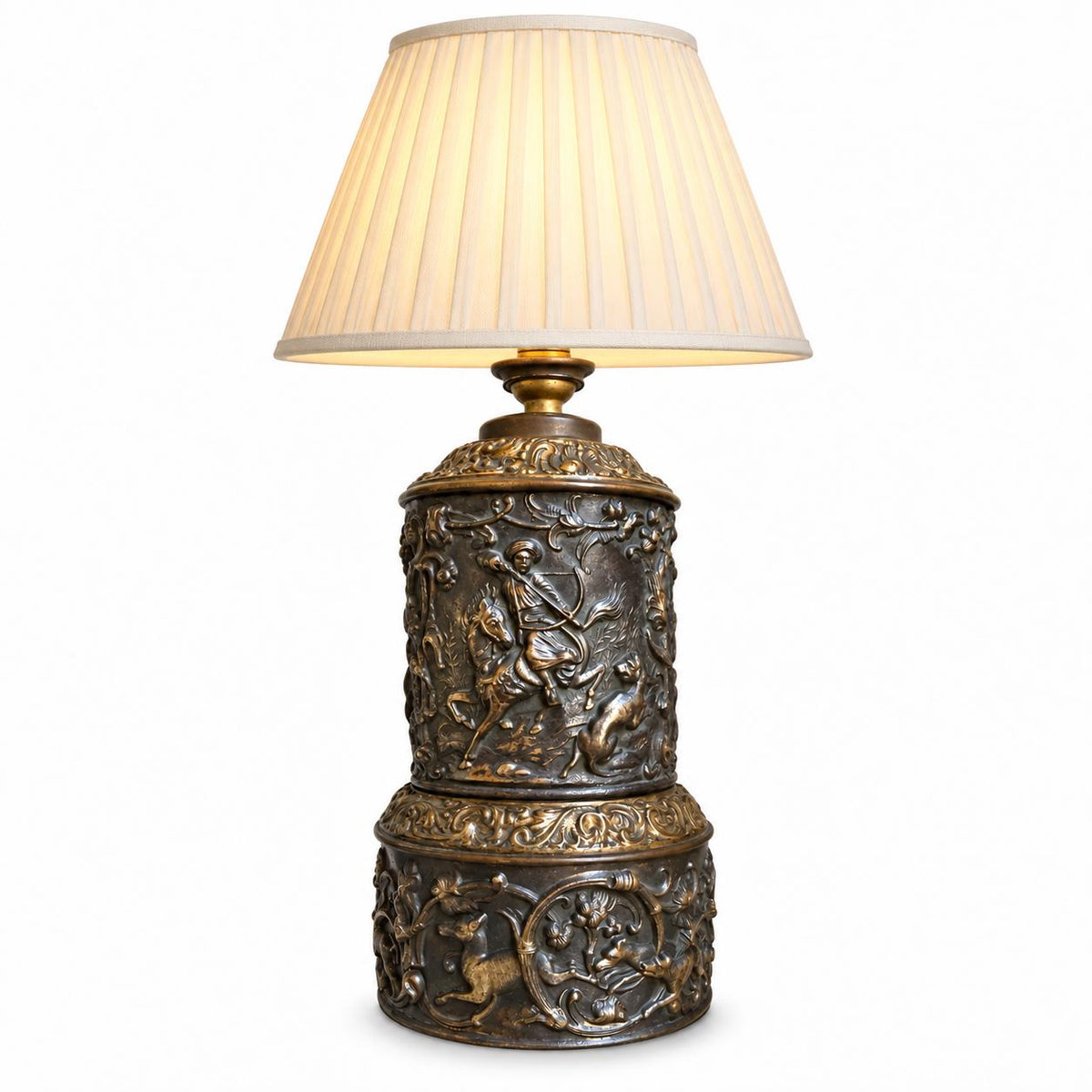 Antique Repoussé Copper Table Lamp Base, Hunting Scenes in Relief — Europe, 19th Century