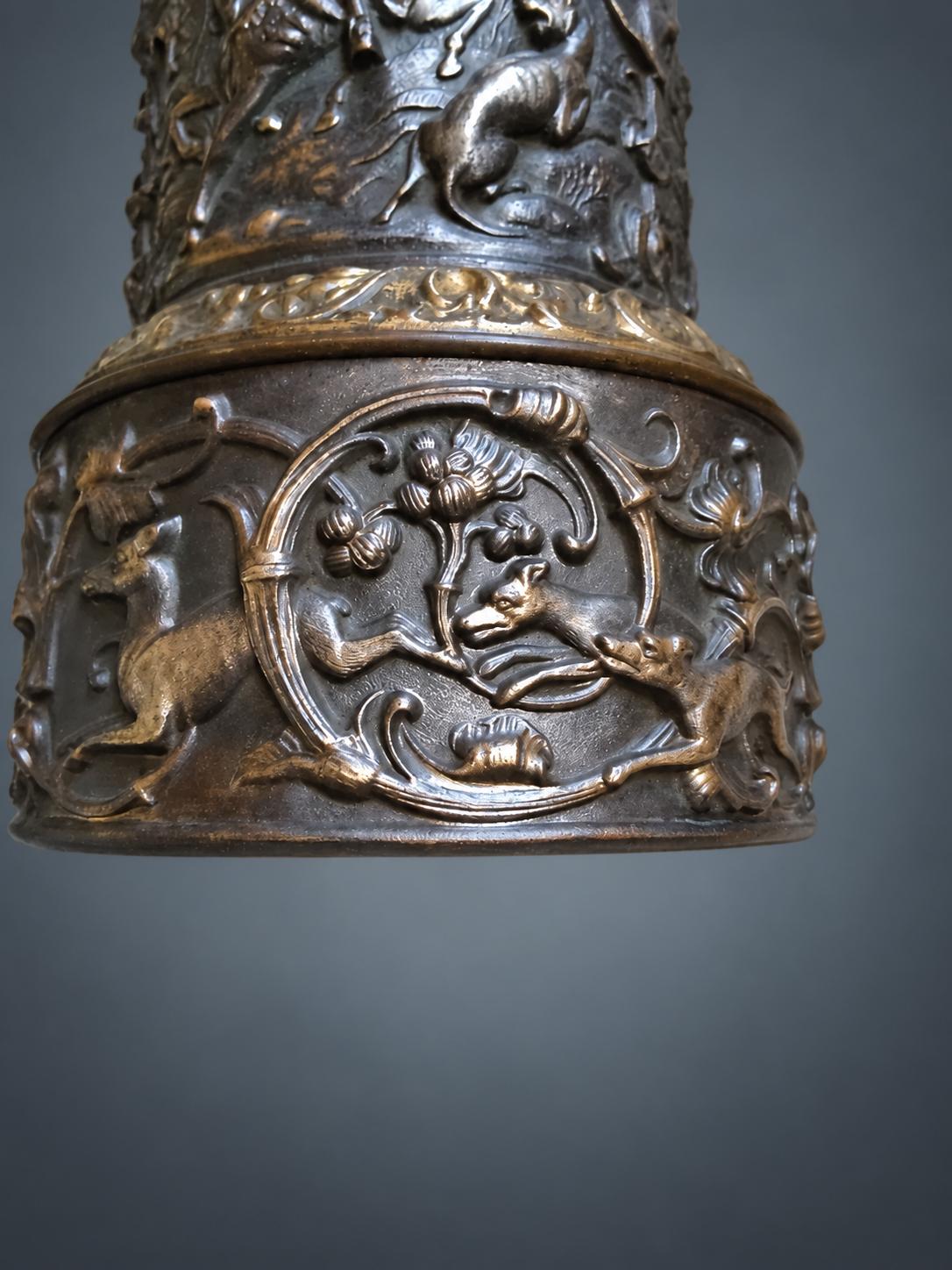 Antique Repoussé Copper Table Lamp Base, Hunting Scenes in Relief — Europe, 19th Century