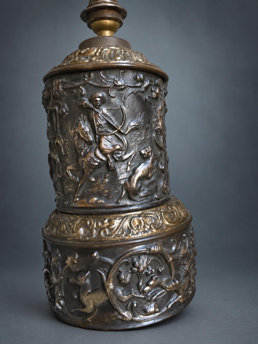 Antique Repoussé Copper Table Lamp Base, Hunting Scenes in Relief — Europe, 19th Century