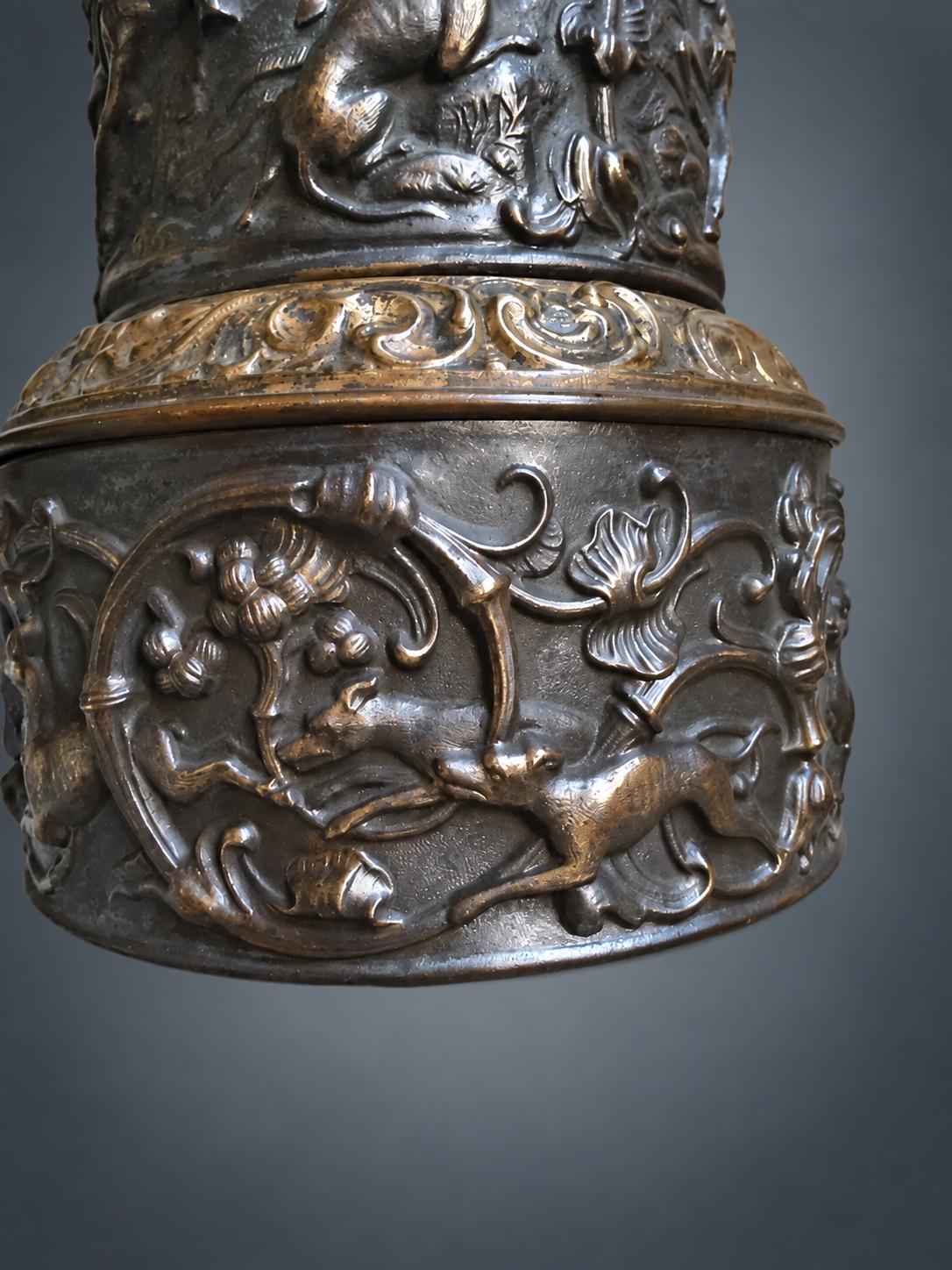 Antique Repoussé Copper Table Lamp Base, Hunting Scenes in Relief — Europe, 19th Century