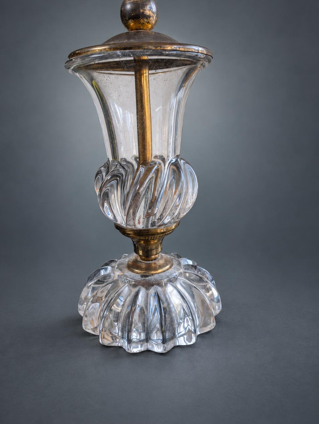 Antique French Crystal and Brass Table Lamp Base, Swirled Glass Urn Form — France, Early 20th Century