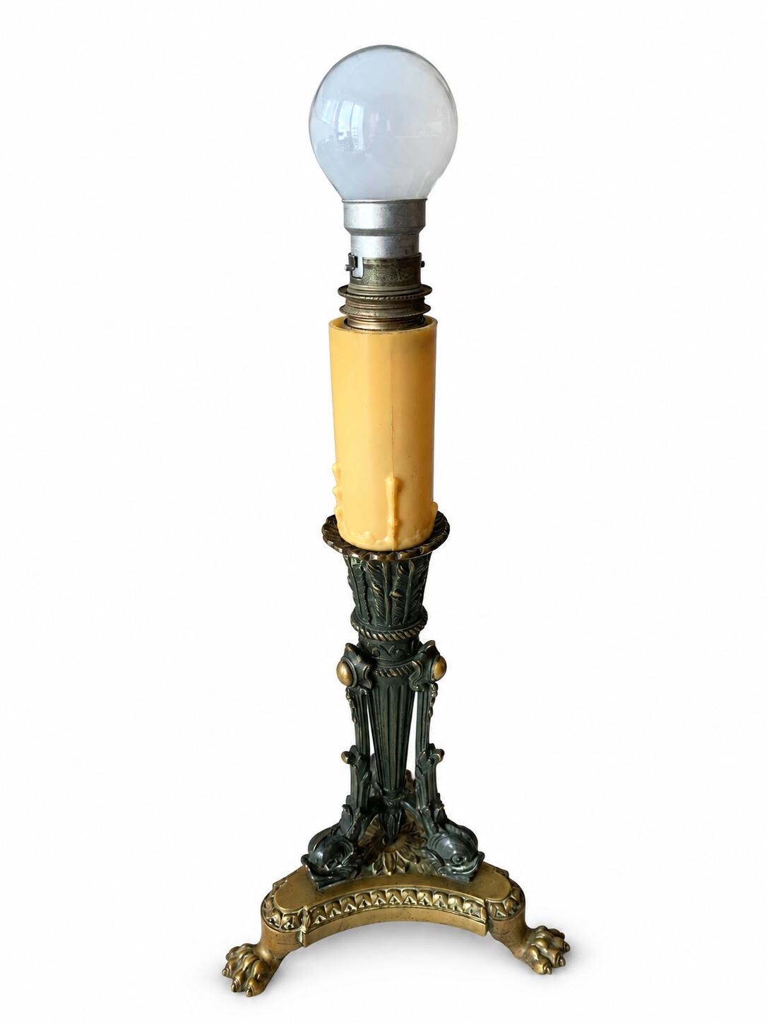Empire-Style Patinated and Gilt Metal Table Lamp, Dolphin Tripod on Lion-Paw Base, Converted Candelabra