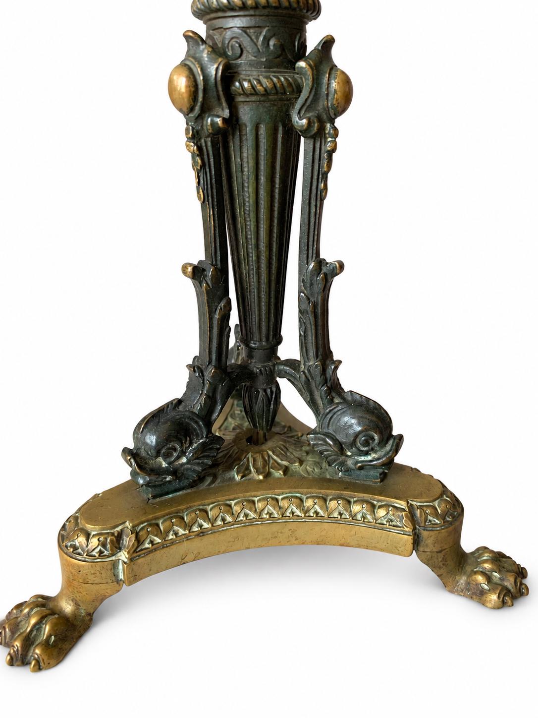 Empire-Style Patinated and Gilt Metal Table Lamp, Dolphin Tripod on Lion-Paw Base, Converted Candelabra