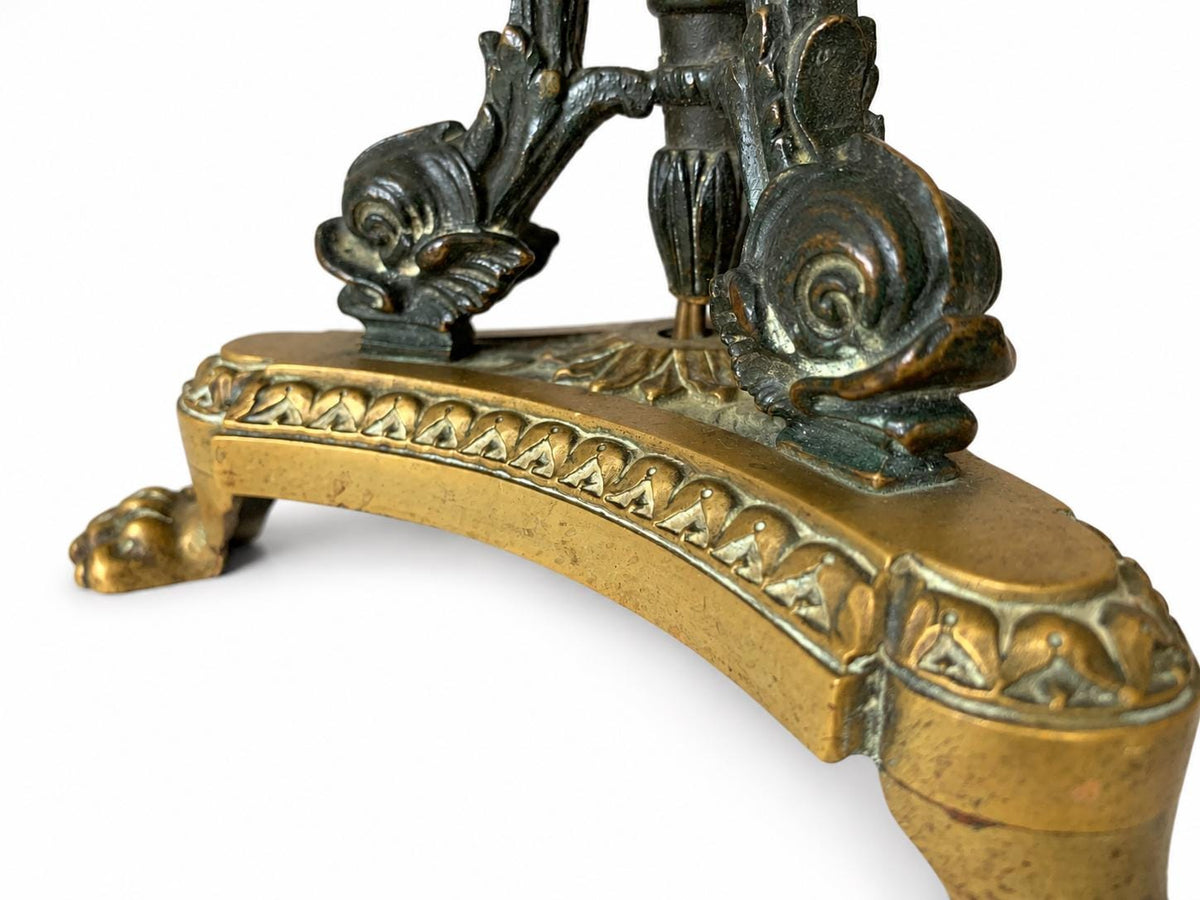 Empire-Style Patinated and Gilt Metal Table Lamp, Dolphin Tripod on Lion-Paw Base, Converted Candelabra